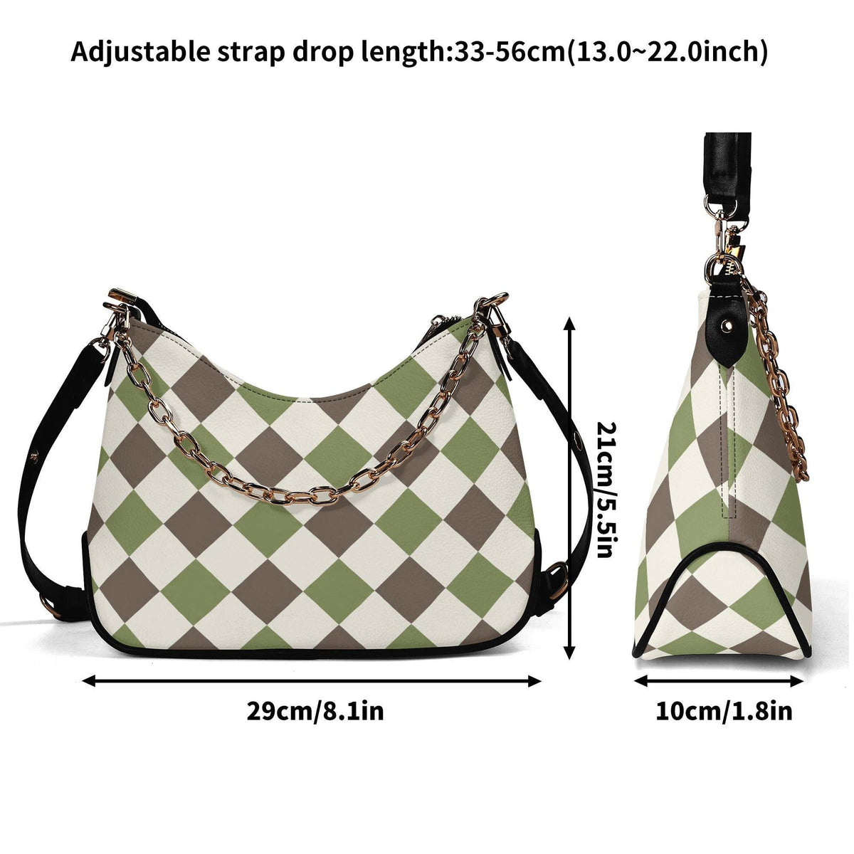 Retro Argyle Printed Shoulder Bag, Groovy Boho Vegan Leather Handbag with Chain