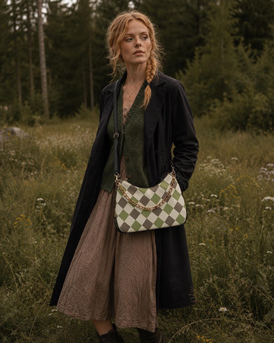 Retro Argyle Printed Shoulder Bag, Groovy Boho Vegan Leather Handbag with Chain