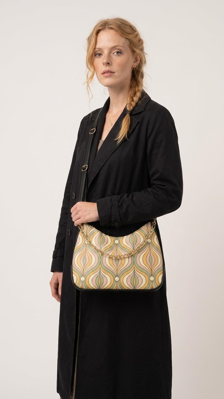 Retro Mid-Century Printed Shoulder Bag, Groovy Boho Vegan Leather Handbag with Chain
