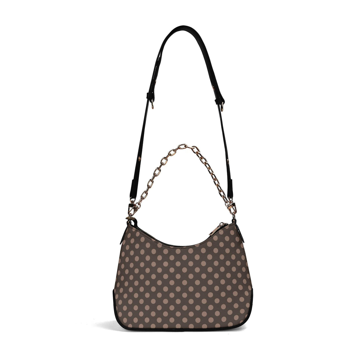 Retro Brown Polka Dot Printed Shoulder Bag, Rustic Boho Vegan Leather Handbag with Chain