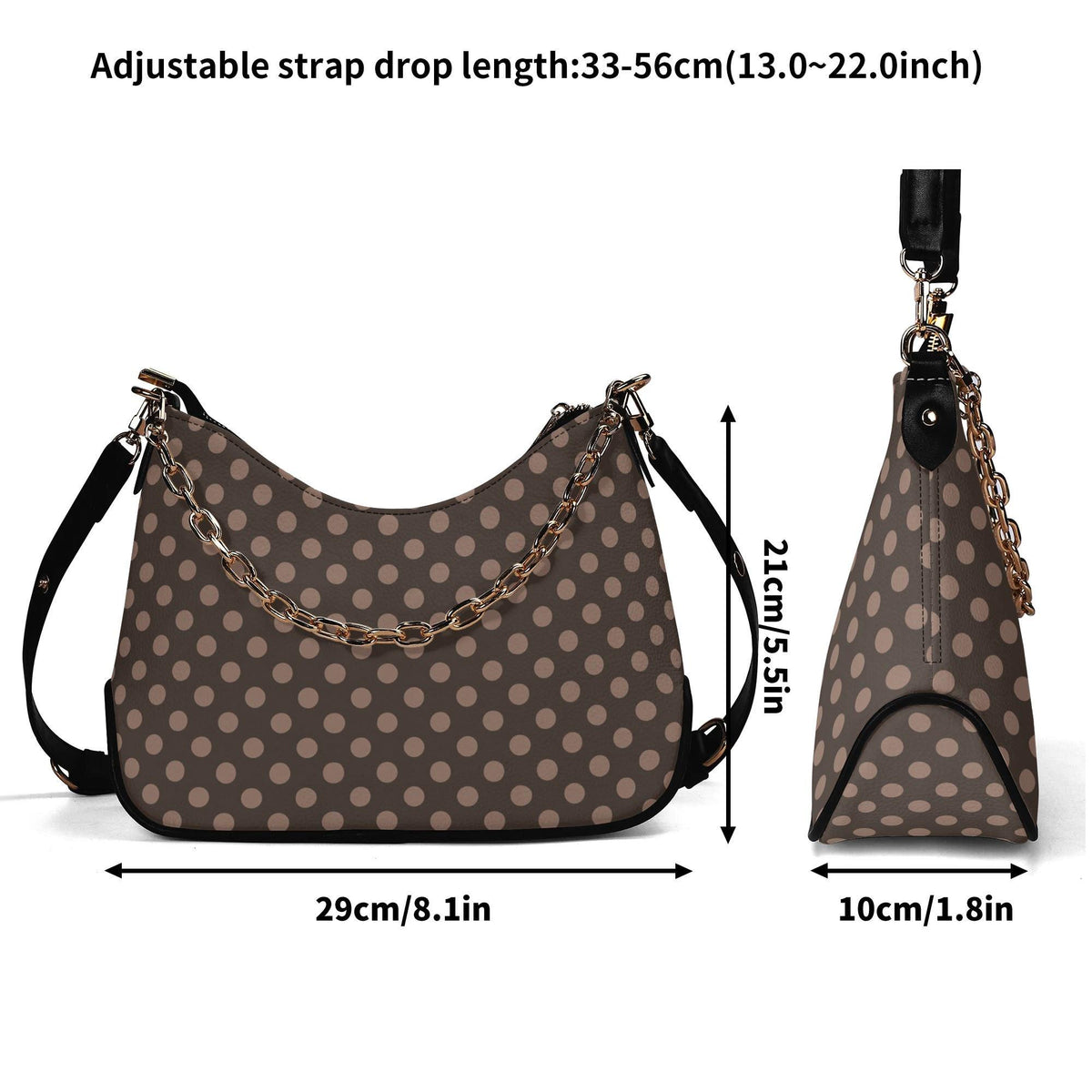 Retro Brown Polka Dot Printed Shoulder Bag, Rustic Boho Vegan Leather Handbag with Chain