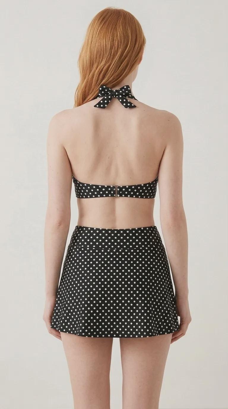 Black Polka Dot Retro Halter Tankini Skort Swim Set with Integrated Bottoms