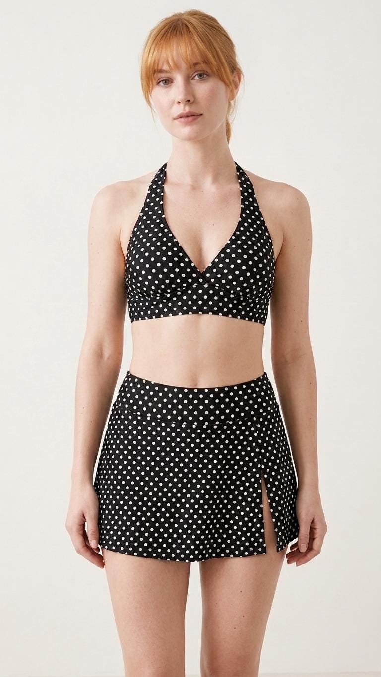 Black Polka Dot Retro Halter Tankini Skort Swim Set with Integrated Bottoms
