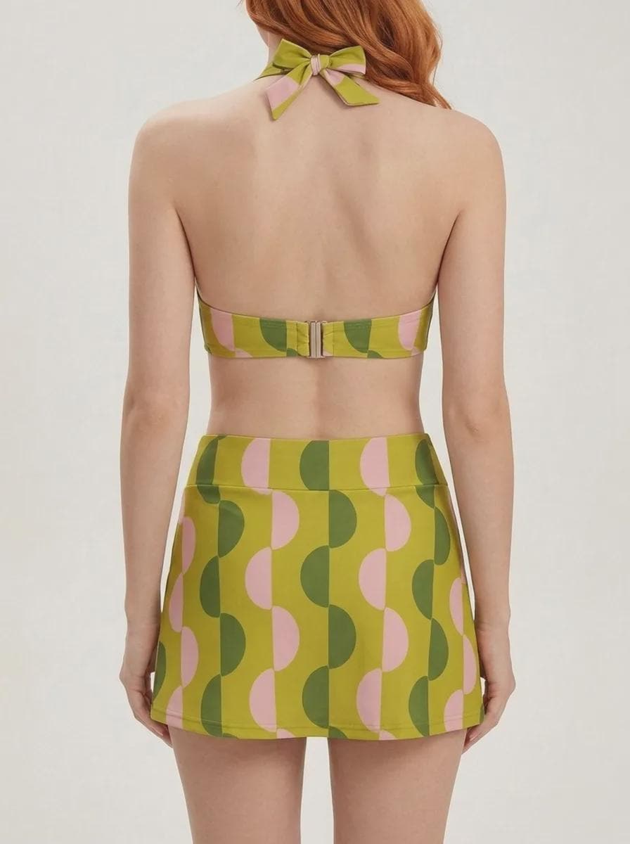 Green & Pink Vintage Mid-Century Mod Retro Halter Tankini Skort Swim Set -Integrated Bottoms