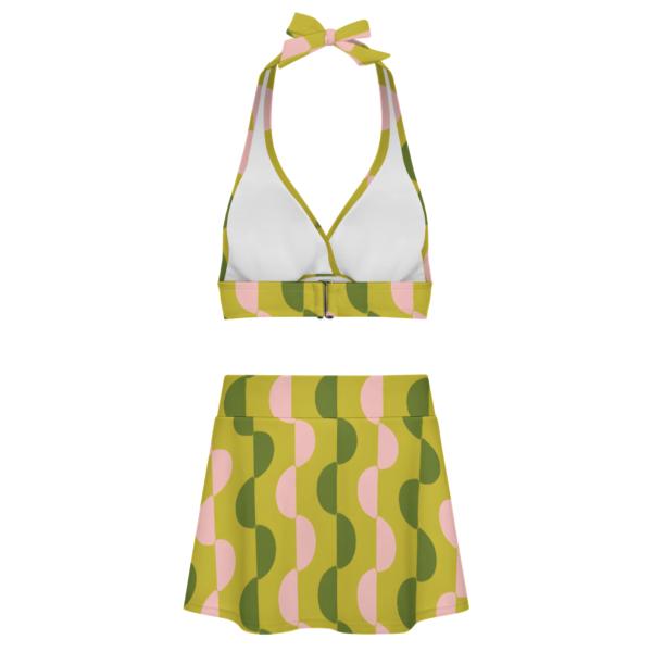 Green & Pink Vintage Mid-Century Mod Retro Halter Tankini Skort Swim Set -Integrated Bottoms