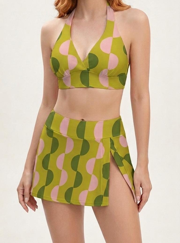 Green & Pink Vintage Mid-Century Mod Retro Halter Tankini Skort Swim Set -Integrated Bottoms