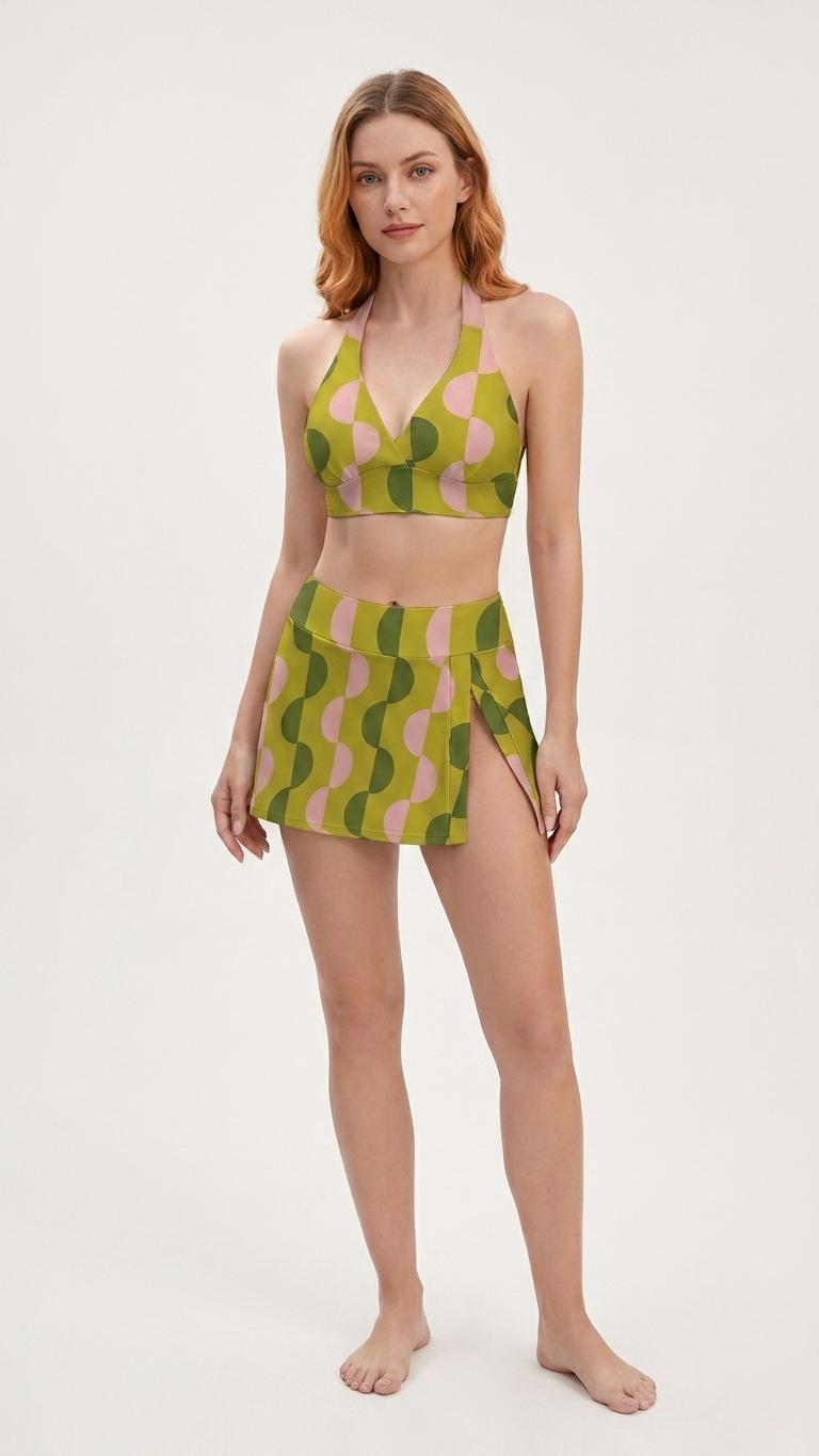 Green & Pink Vintage Mid-Century Mod Retro Halter Tankini Skort Swim Set -Integrated Bottoms