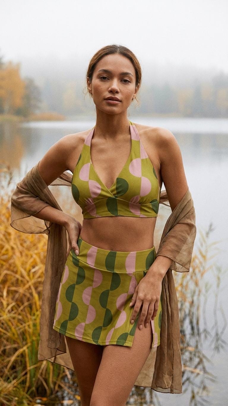 Green & Pink Vintage Mid-Century Mod Retro Halter Tankini Skort Swim Set -Integrated Bottoms