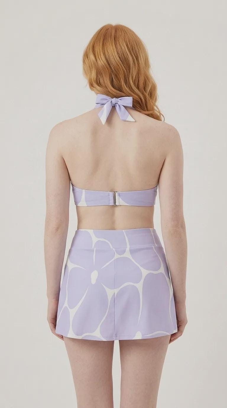 Violet Vintage Mid-Century Mod Flowers Retro Halter Tankini Skort Swim Set -Integrated Bottoms