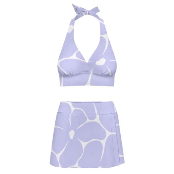 Violet Vintage Mid-Century Mod Flowers Retro Halter Tankini Skort Swim Set -Integrated Bottoms