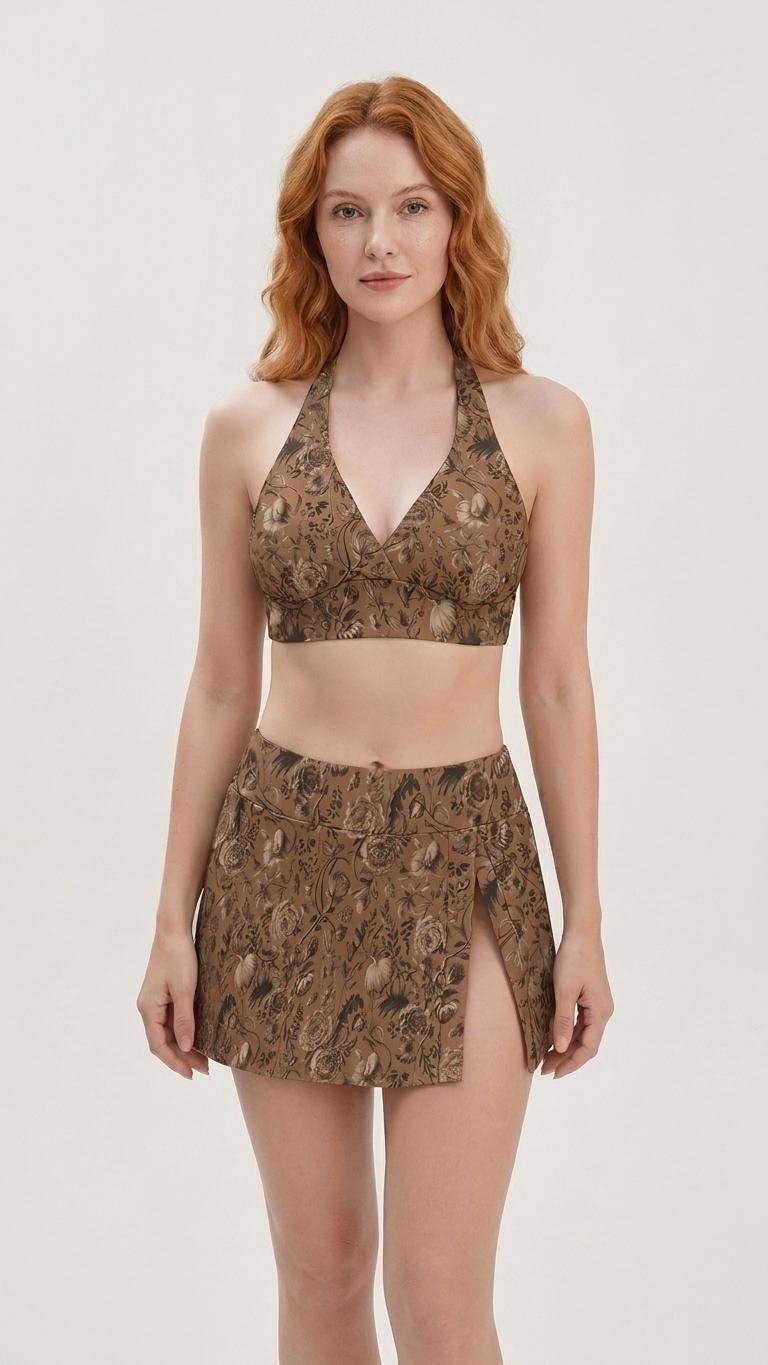 Brown Vintage Florals - Retro Halter Tankini Skort Swim Set - Integrated Bottoms