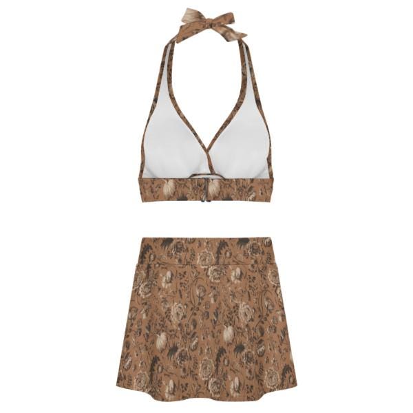 Brown Vintage Florals - Retro Halter Tankini Skort Swim Set - Integrated Bottoms