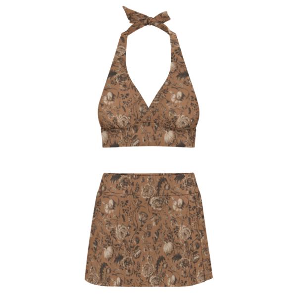 Brown Vintage Florals - Retro Halter Tankini Skort Swim Set - Integrated Bottoms
