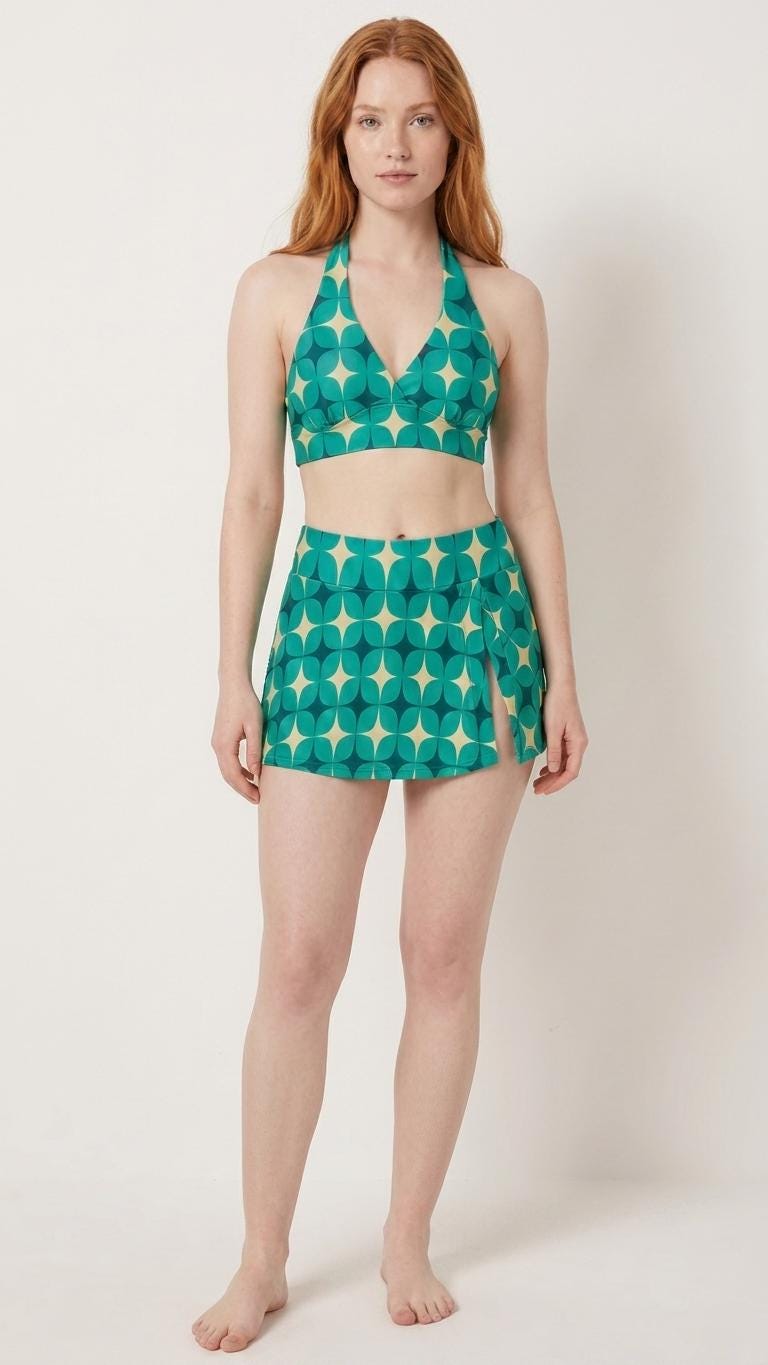 Teal Vintage Mid-Century Mod Flowers Retro Halter Tankini Skort Swim Set -Integrated Bottoms