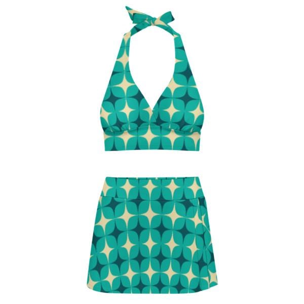 Teal Vintage Mid-Century Mod Flowers Retro Halter Tankini Skort Swim Set -Integrated Bottoms