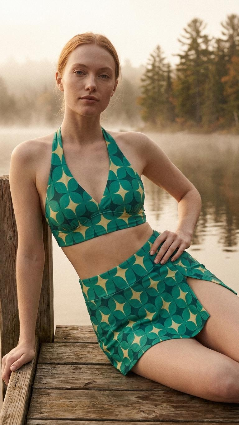 Teal Vintage Mid-Century Mod Flowers Retro Halter Tankini Skort Swim Set -Integrated Bottoms