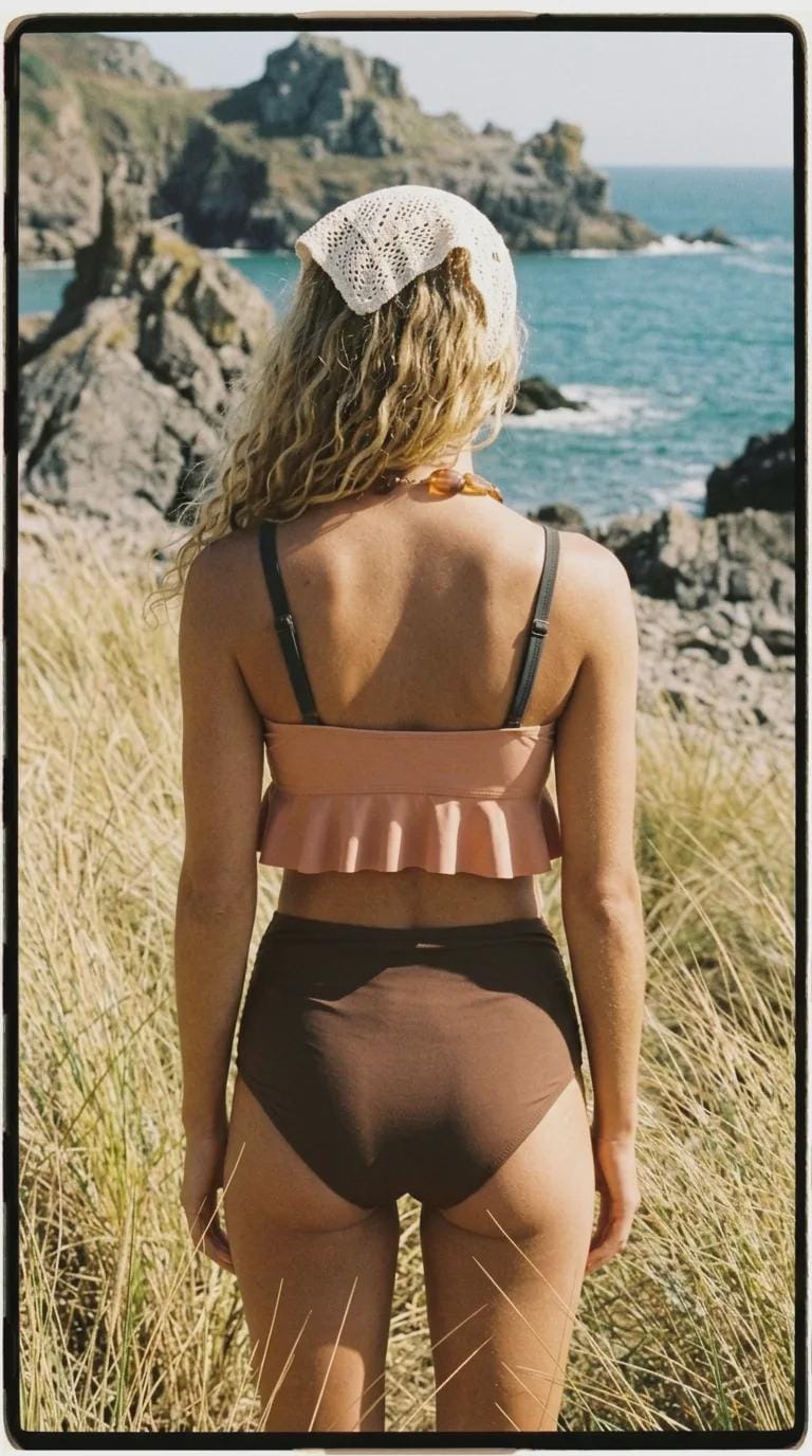 Rose and Tobacco Brown Ruffle Hem Bikini Swimsuit | High Waisted Ruched Two-Piece Retro Swimwear