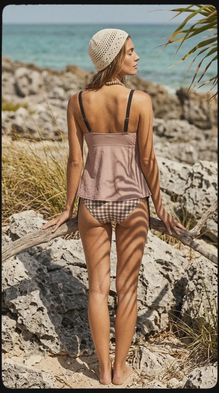 Rose and Brown Gingham Adjustable Drawstring Tankini Swim Dress | Split Two-Piece Retro Swimsuit