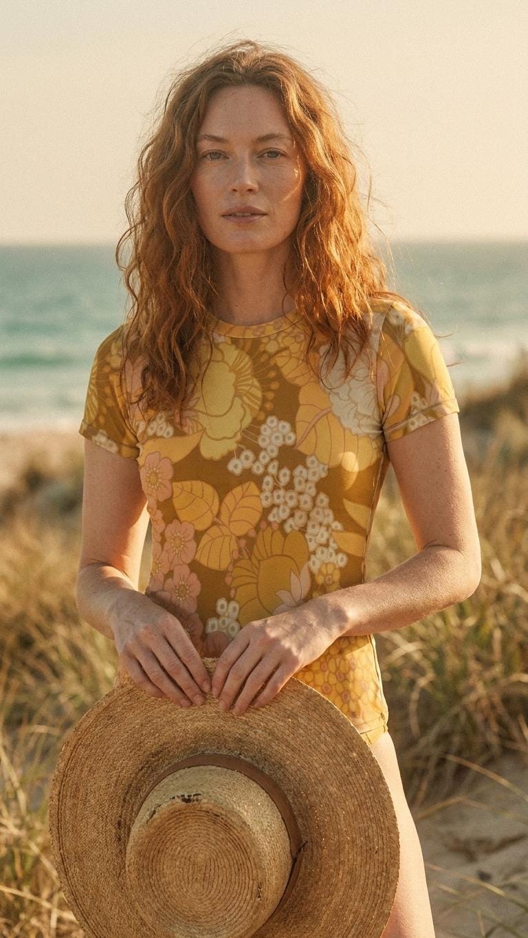 Chic Minimalist Tankini – Stylish Short Sleeve Rash-Guard Swim-Top & Briefs Swimsuit | Retro Yellow Florals