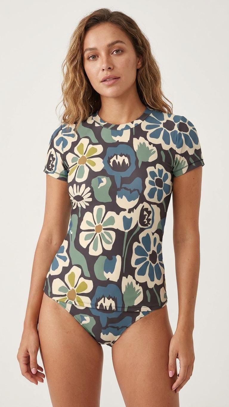 Chic Minimalist Tankini – Stylish Short Sleeve Rash-Guard Swim-Top & Briefs Swimsuit | Retro Blue Florals