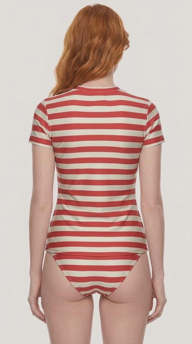 Chic Minimalist Tankini – Stylish Short-Sleeve Rash-Guard Swim-Top & Briefs Swimsuit | Vintage Red Stripes
