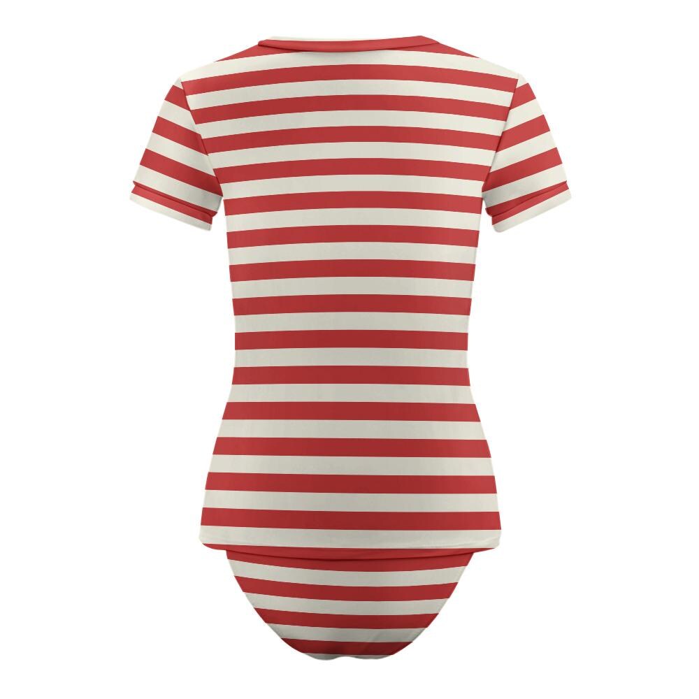 Chic Minimalist Tankini – Stylish Short-Sleeve Rash-Guard Swim-Top & Briefs Swimsuit | Vintage Red Stripes