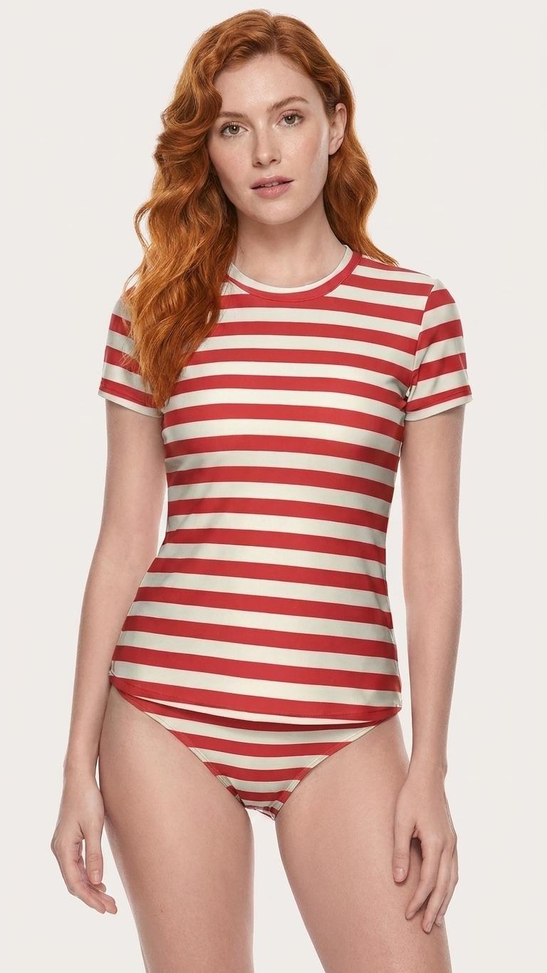 Chic Minimalist Tankini – Stylish Short-Sleeve Rash-Guard Swim-Top & Briefs Swimsuit | Vintage Red Stripes