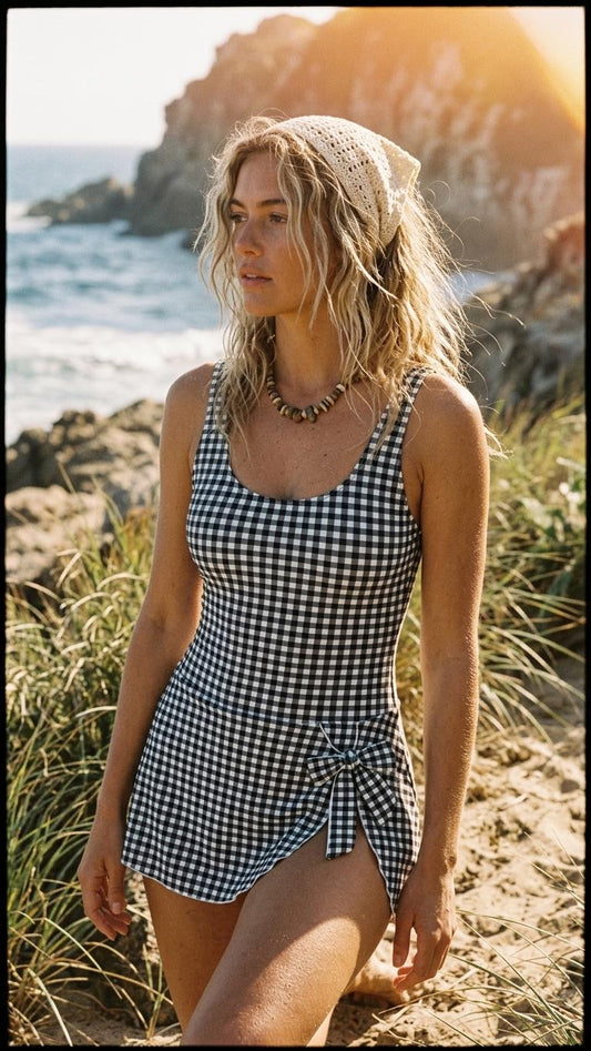 Retro Skirted One-Piece Swimsuit with Side Knot | Integrated Bottoms | Black Gingham