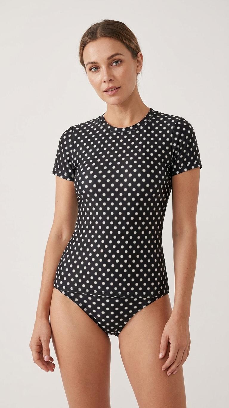 Chic Minimalist Tankini – Stylish Short-Sleeve Rash-Guard Swim-Top & Briefs Swimsuit | Vintage Polka Dot