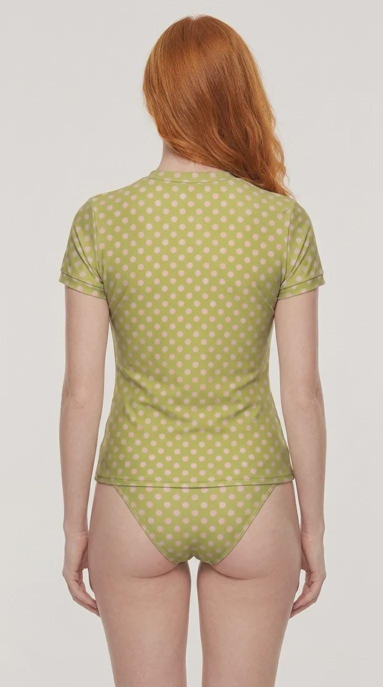 Chic Minimalist Tankini – Stylish Short-Sleeve Rash-Guard Swim-Top & Briefs Swimsuit | Vintage Polka Dot in Green