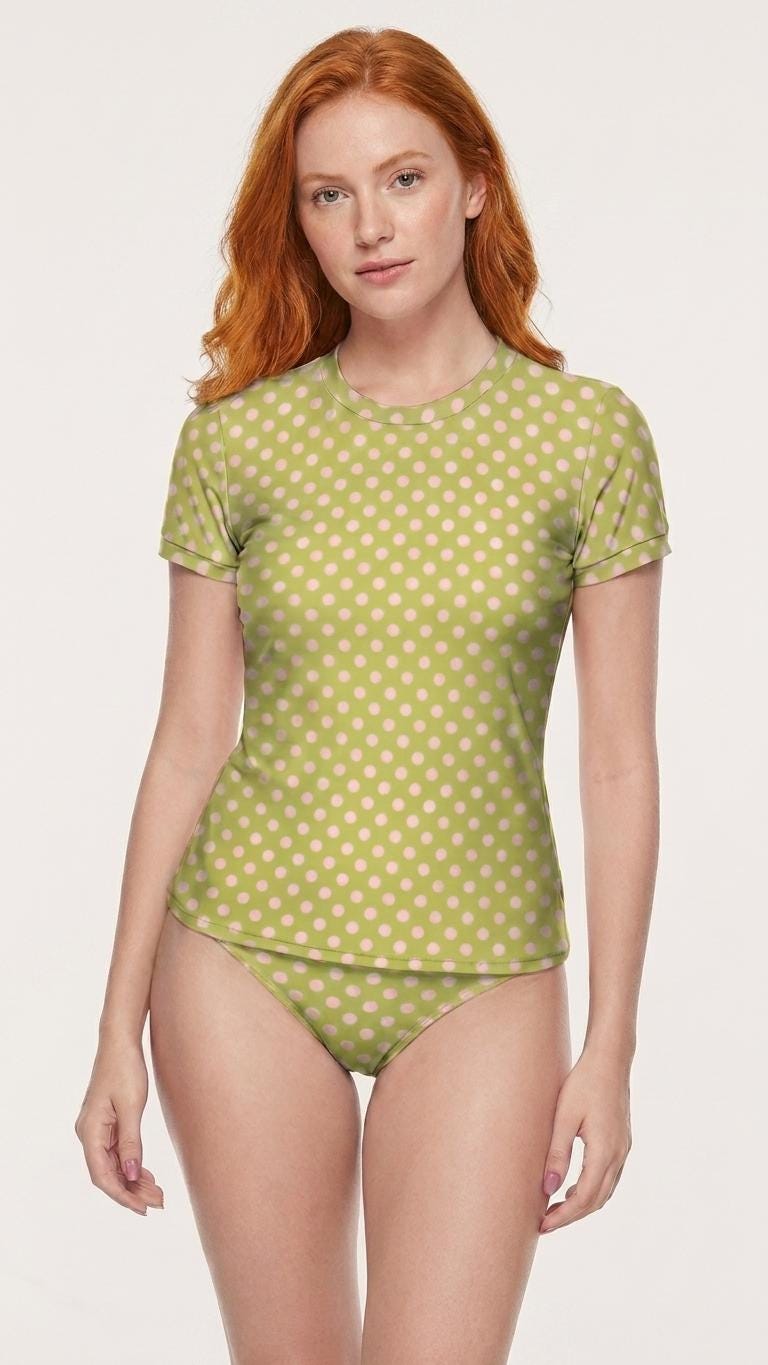 Chic Minimalist Tankini – Stylish Short-Sleeve Rash-Guard Swim-Top & Briefs Swimsuit | Vintage Polka Dot in Green