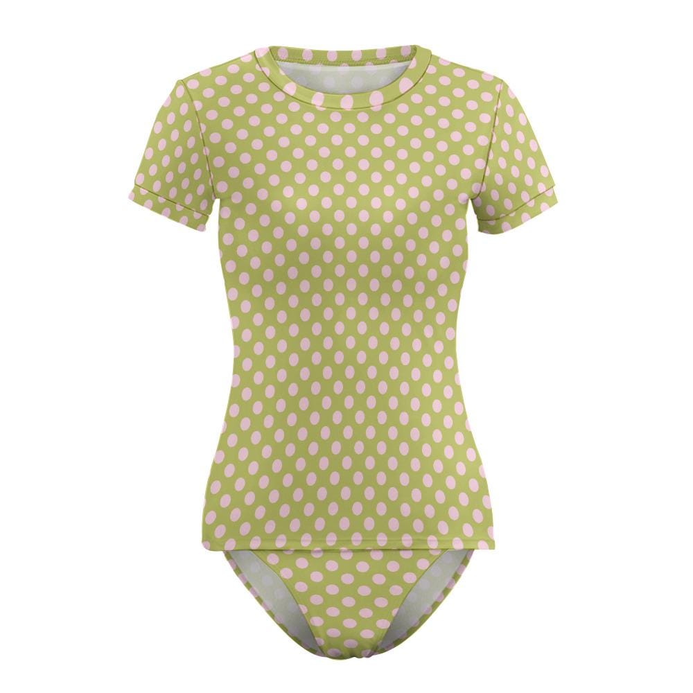 Chic Minimalist Tankini – Stylish Short-Sleeve Rash-Guard Swim-Top & Briefs Swimsuit | Vintage Polka Dot in Green