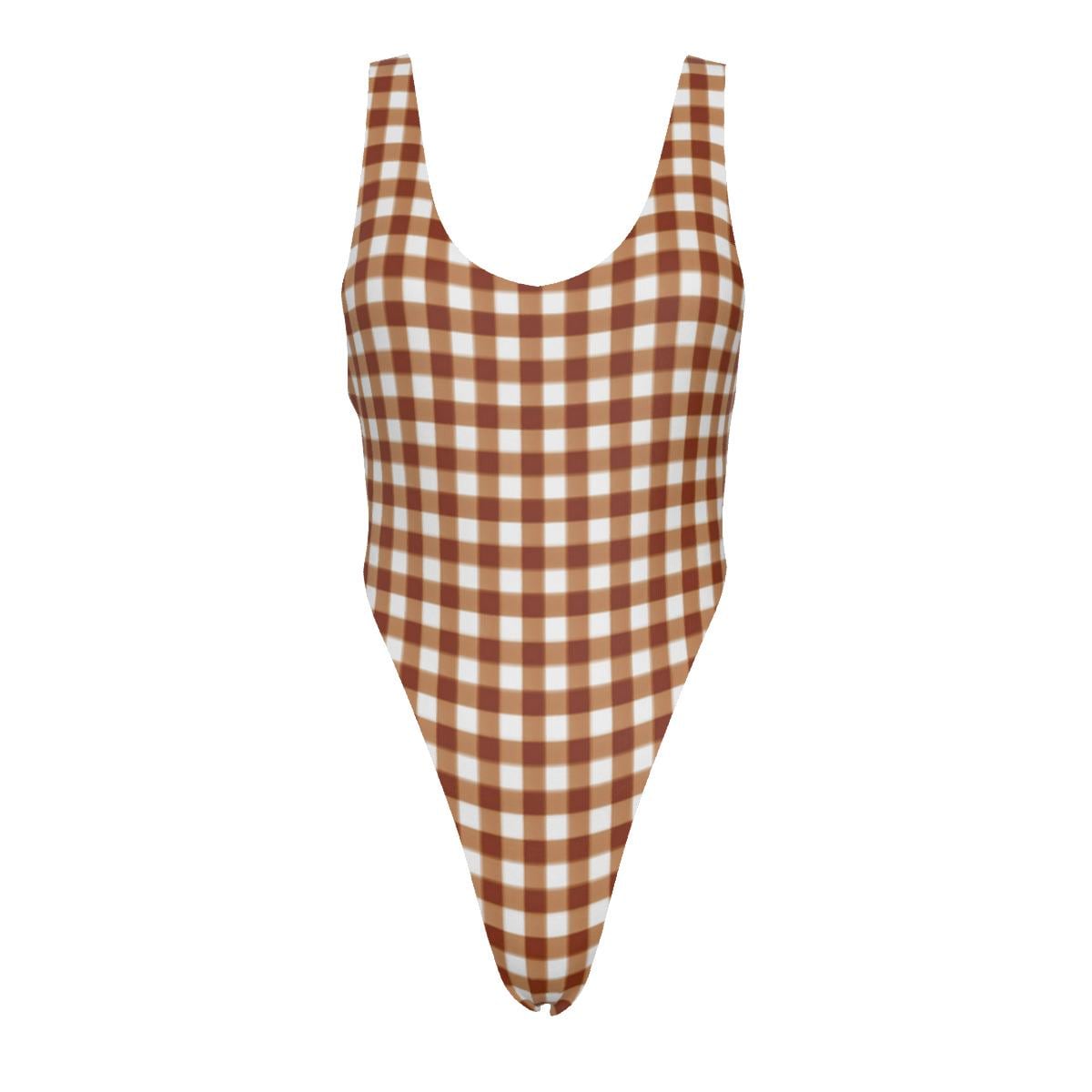 Gingham One-Piece Swimsuit – Cheeky High-Leg, Flattering Cut – Brown