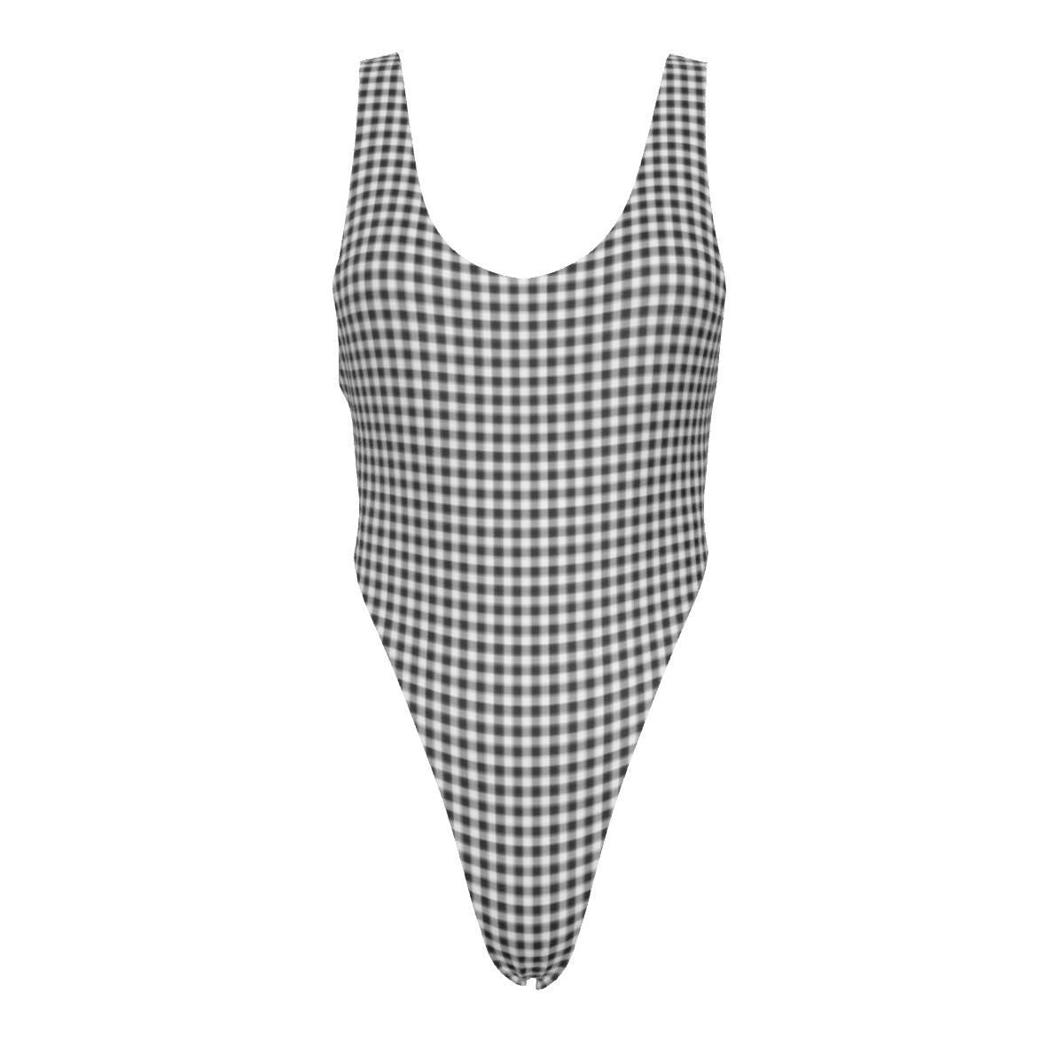 Gingham One-Piece Swimsuit – Cheeky High-Leg, Flattering Cut – Black