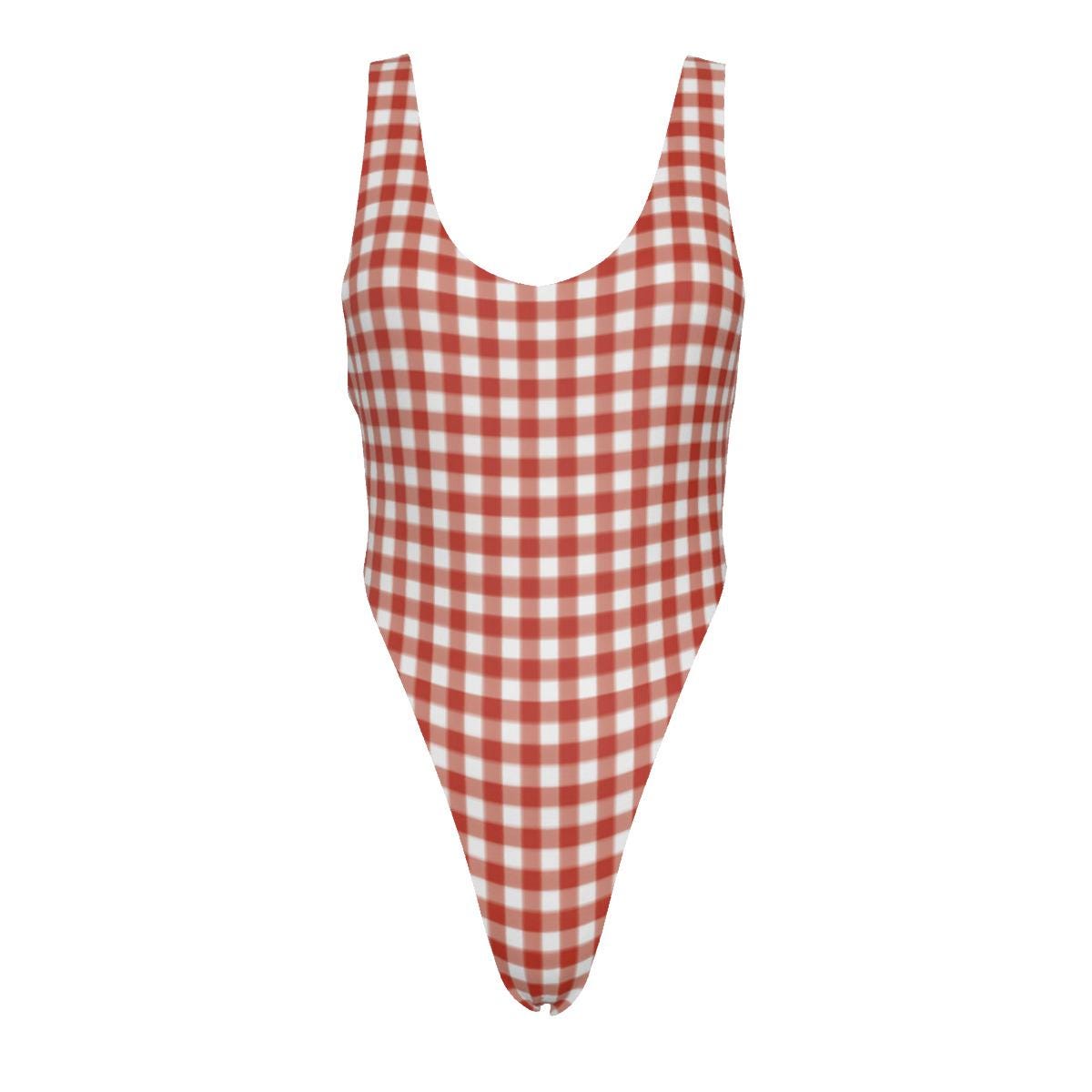 Gingham One-Piece Swimsuit – Cheeky High-Leg, Flattering Cut – Red