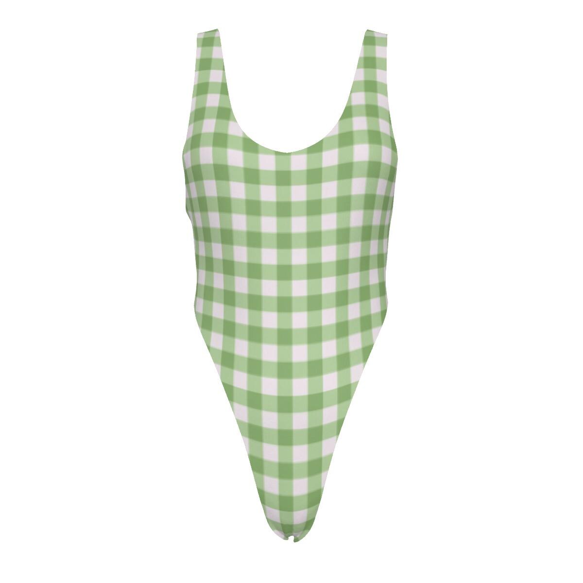 Gingham One-Piece Swimsuit – Cheeky High-Leg, Flattering Cut – Green