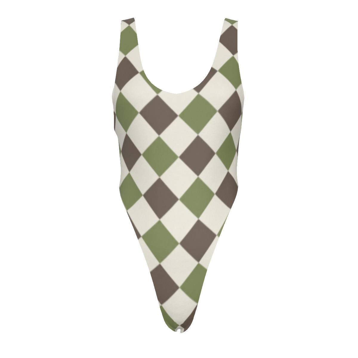 Classic One-Piece Swimsuit – Cheeky High-Leg, Flattering Cut – Retro Harlequin in Green & Brown