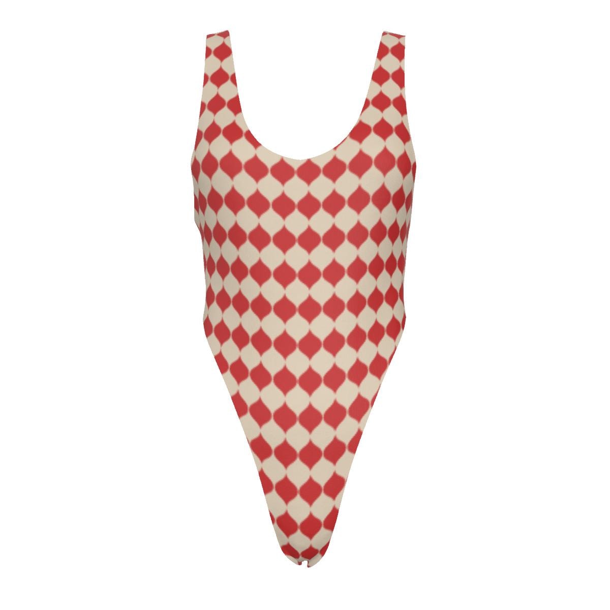Classic One-Piece Swimsuit – Cheeky High-Leg, Flattering Cut – Retro Mid-Century Red Print