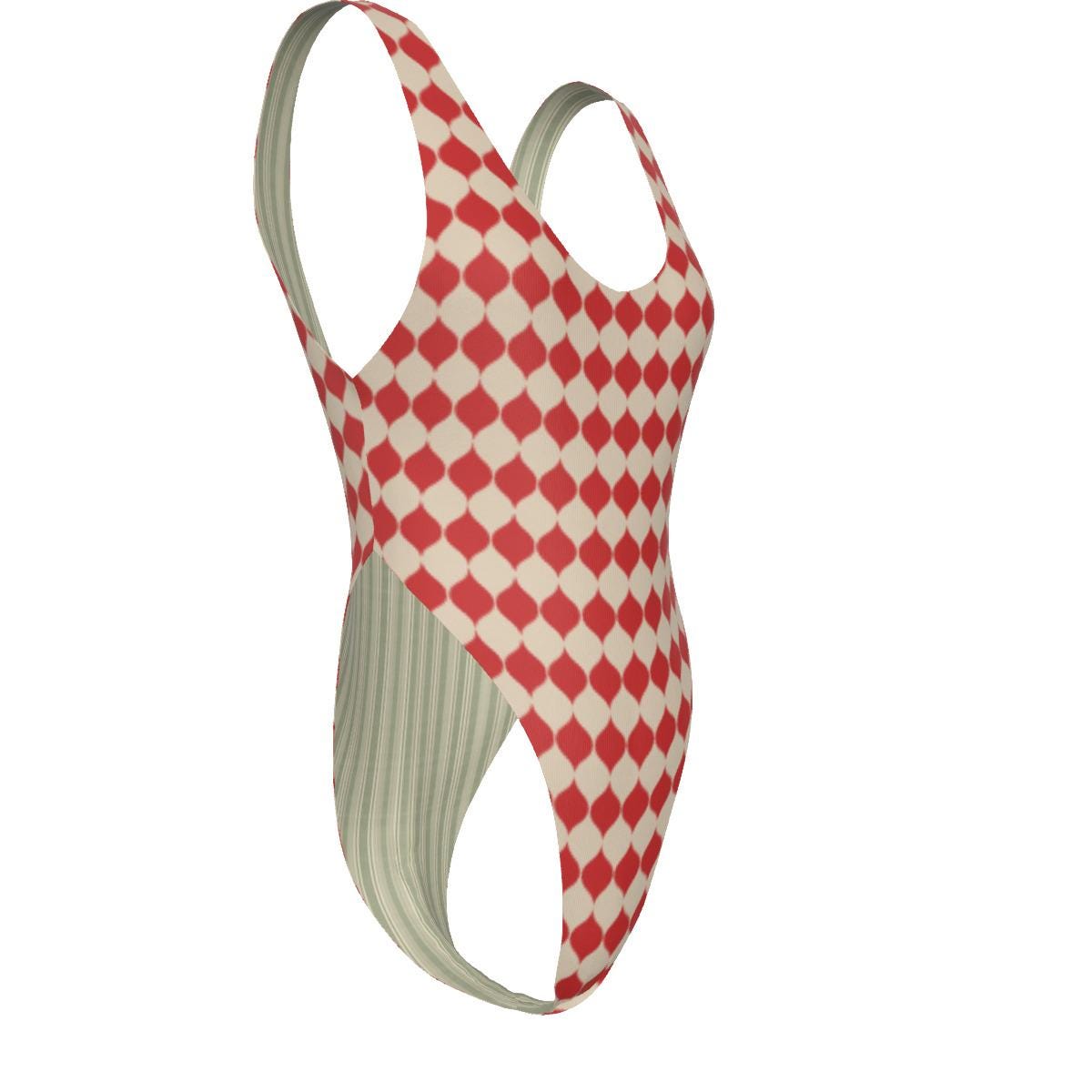 Classic One-Piece Swimsuit – Cheeky High-Leg, Flattering Cut – Retro Mid-Century Red Print