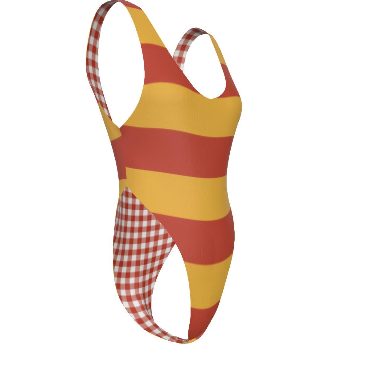 Striped One-Piece Swimsuit – Cheeky High-Leg, Flattering Cut – Yellow & Red