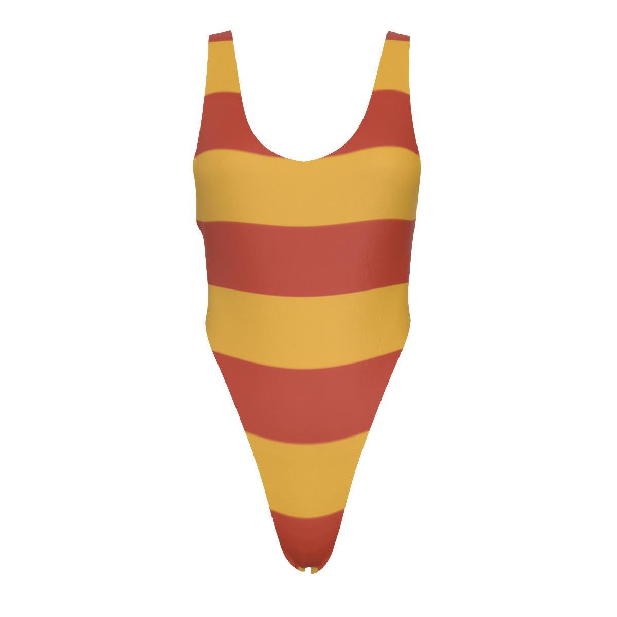 Striped One-Piece Swimsuit – Cheeky High-Leg, Flattering Cut – Yellow & Red