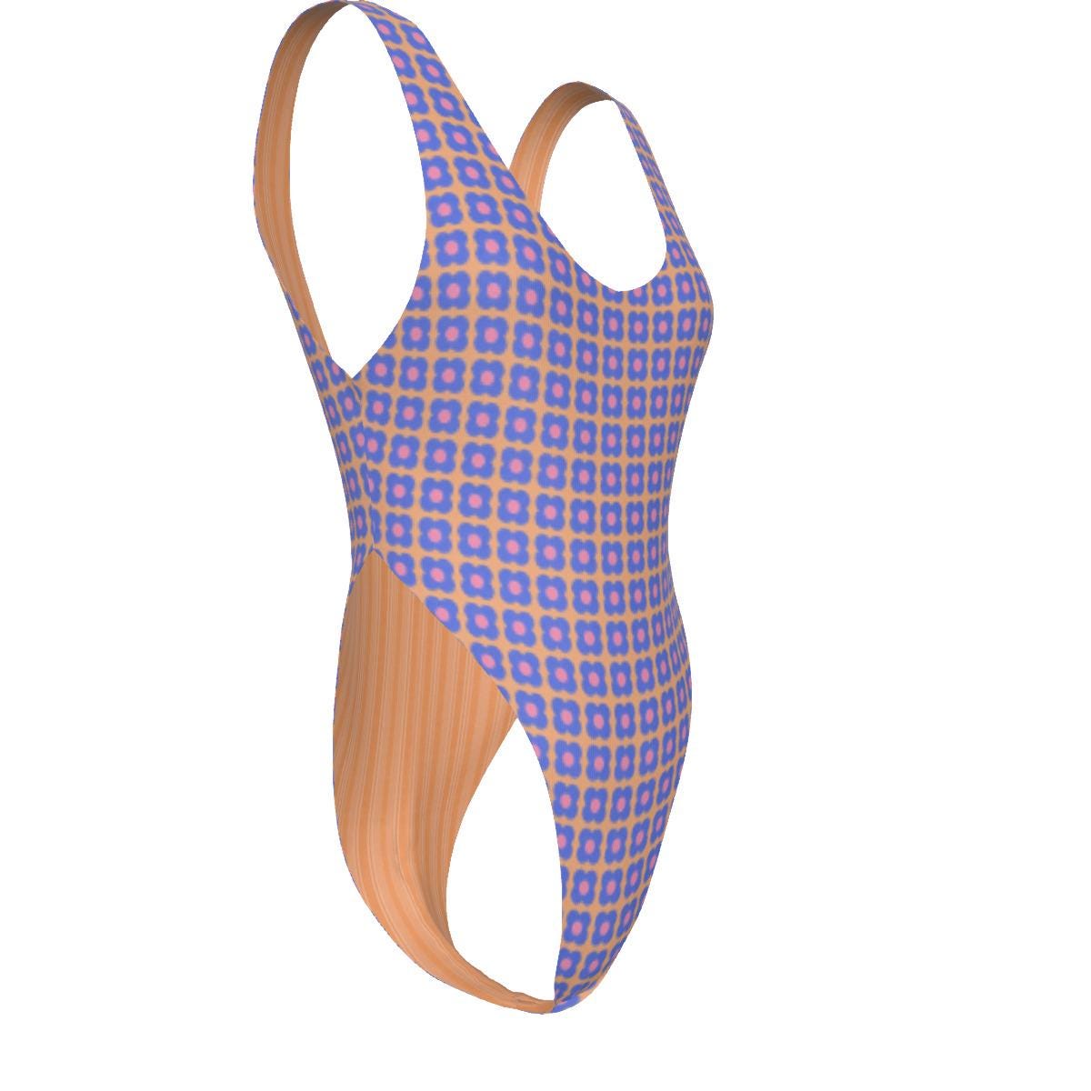 Retro One-Piece Swimsuit – Cheeky High-Leg, Flattering Cut – Mod Electric Blue Flowers