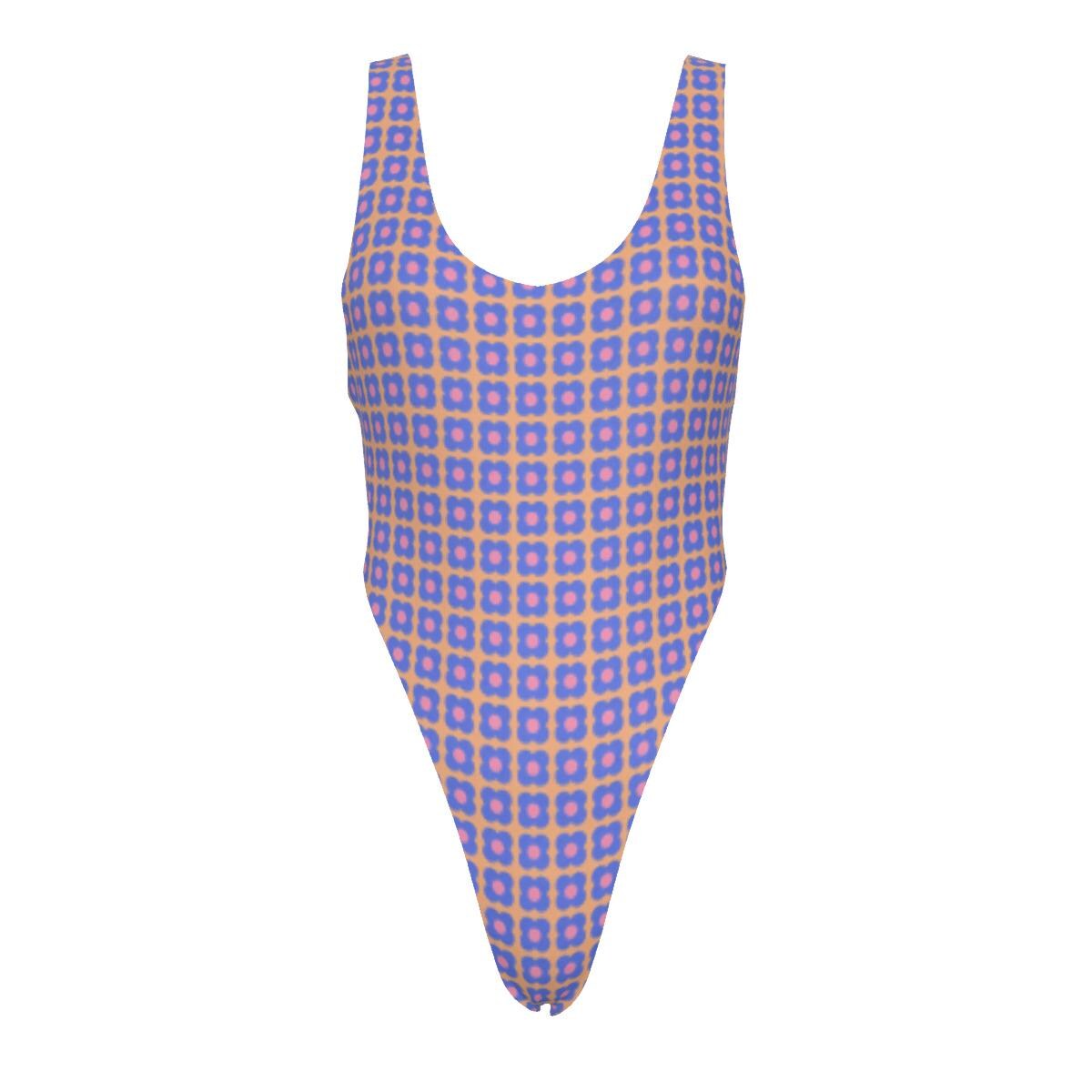 Retro One-Piece Swimsuit – Cheeky High-Leg, Flattering Cut – Mod Electric Blue Flowers