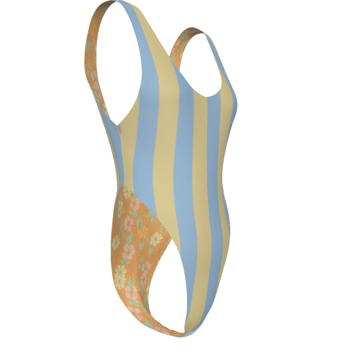 Striped One-Piece Swimsuit – Cheeky High-Leg, Flattering Cut – Blue & Butter Yellow