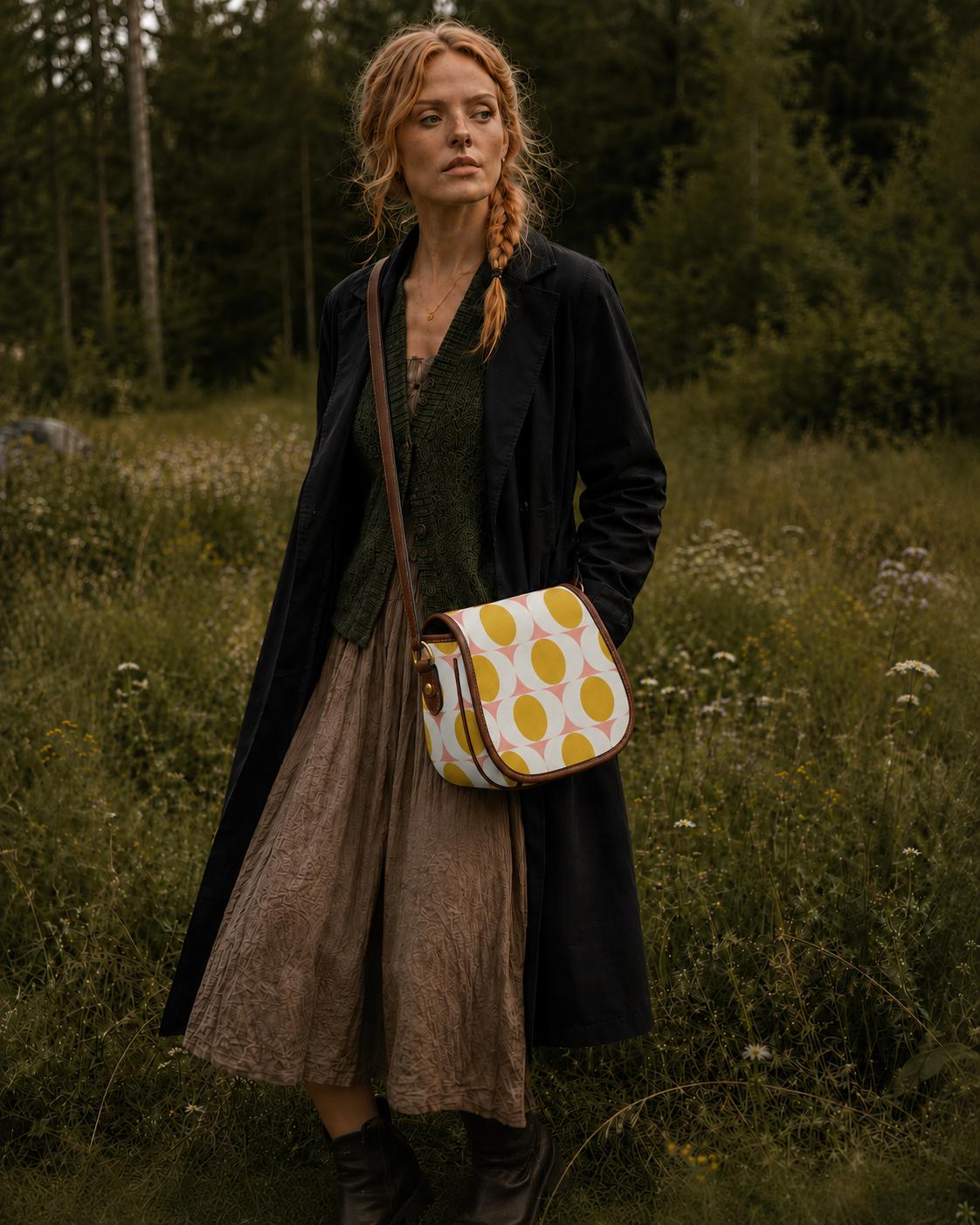 Vintage Saddle Crossbody Bag, Retro Boho Shoulder Purse - Mid-Century Mod Pattern