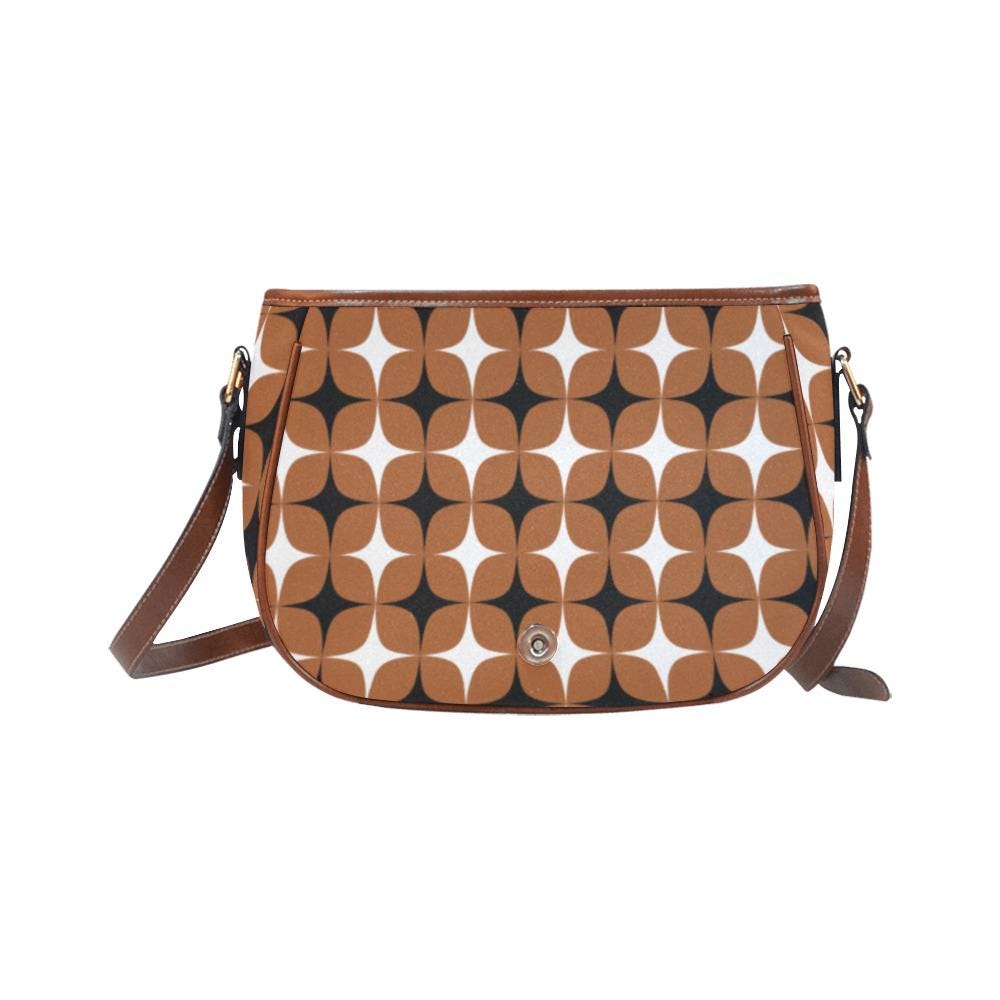 Vintage Saddle Crossbody Bag, Retro Boho Shoulder Purse - Mid-Century Mod Pattern in Brown