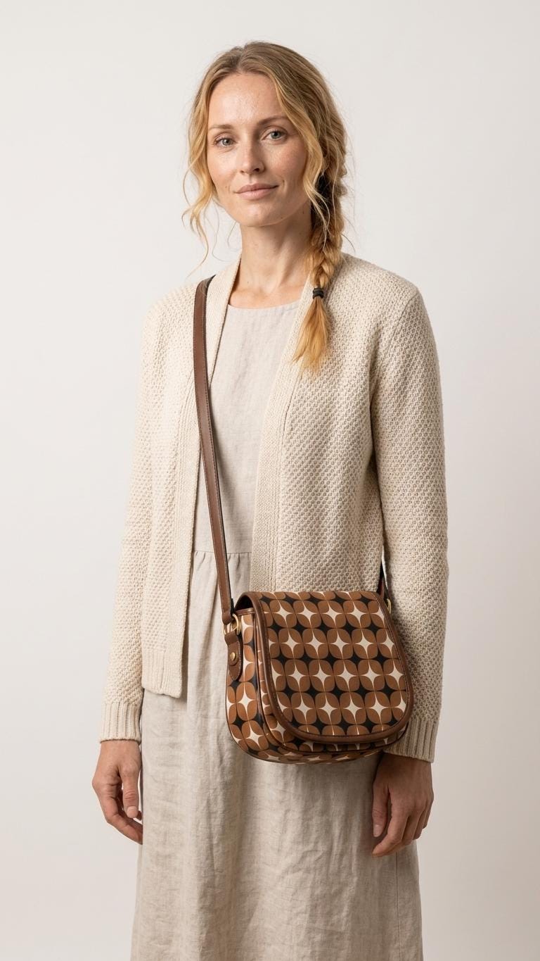 Vintage Saddle Crossbody Bag, Retro Boho Shoulder Purse - Mid-Century Mod Pattern in Brown