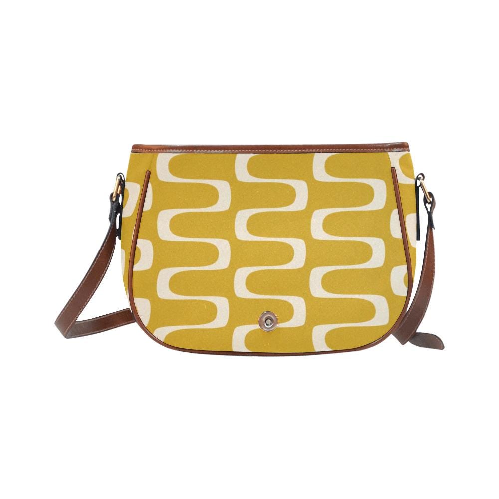 Vintage Saddle Crossbody Bag, Retro Boho Shoulder Purse - Mid-Century Mod Pattern in Mustard