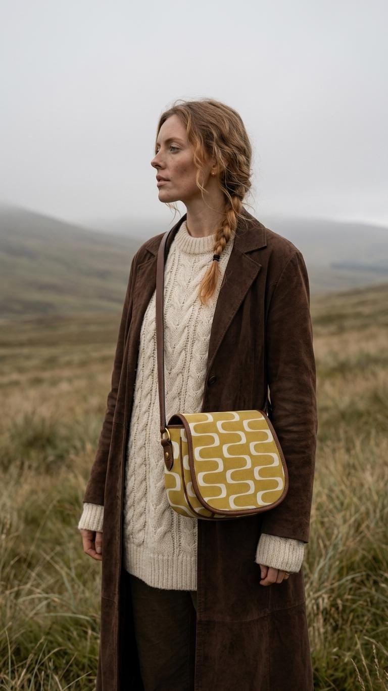 Vintage Saddle Crossbody Bag, Retro Boho Shoulder Purse - Mid-Century Mod Pattern in Mustard