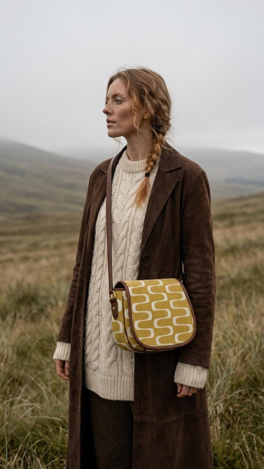 Vintage Saddle Crossbody Bag, Retro Boho Shoulder Purse - Mid-Century Mod Pattern in Mustard